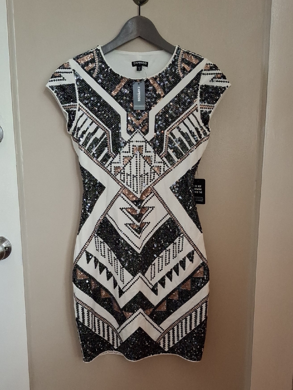 NWT Express Sequin Mini Dress in White, Black & Rose Gold_1